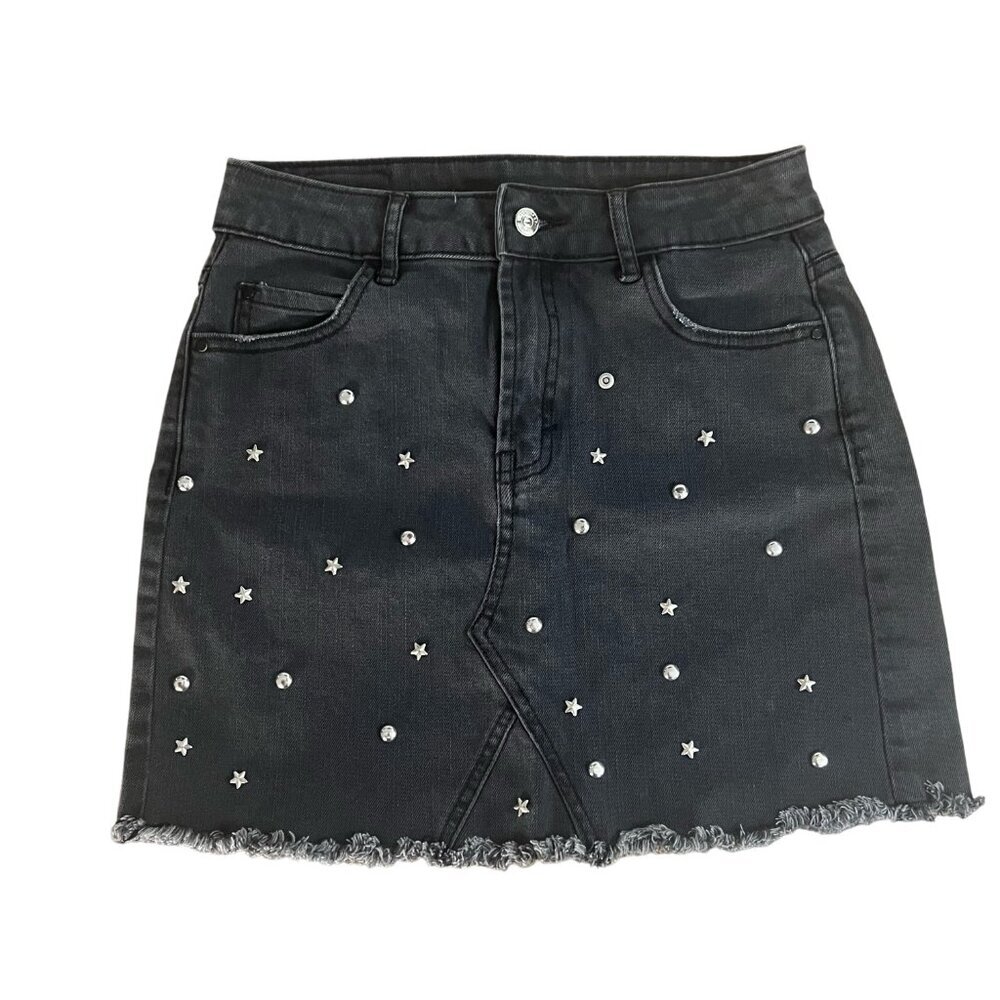 Women’s Black Denim Mini Skirt Star Stud Embellished Raw Frayed Hem Size S